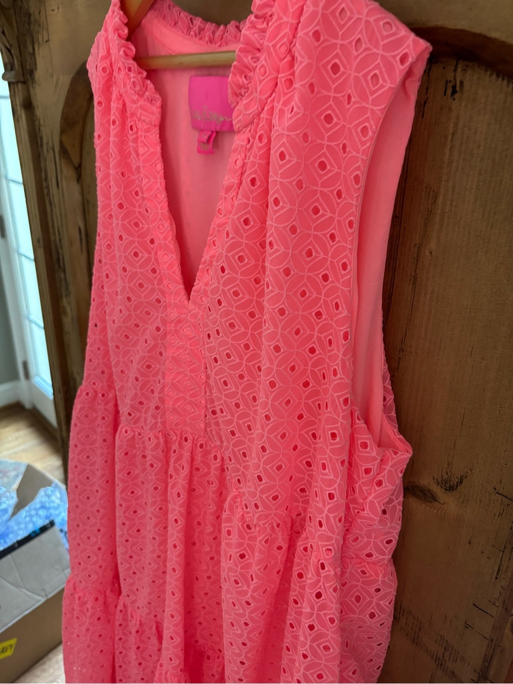 Lilly Pulitzer Novella Coral Pink Mini Medallion Eyelet Chiffon V-Neck Dress - Picture 8 of 10